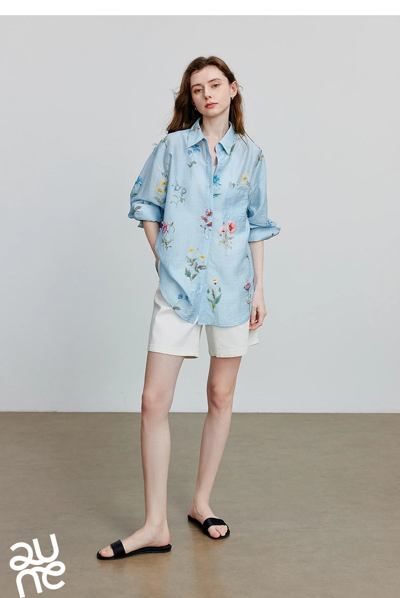 TOYOUTH Women Shirts 2026 Summer New Linen Lyocell Print Fresh Mid Length Floral Blouse Tops