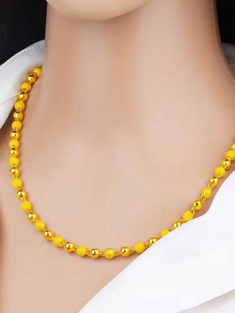 Unisex 24K Gold (AU999) 6mm Matte Sandblasted Bead Necklace | Liquid metal beads, gold-inlaid clasp with minimalist symbols