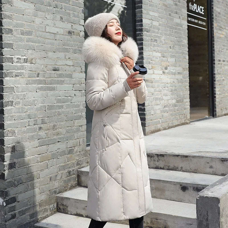 New Women's Winter Jacket 2026 Mid-length Fashion Slim Over Knee Fur Collar Thick Cotton Coat Elegant Gray Parka Woman Clothing