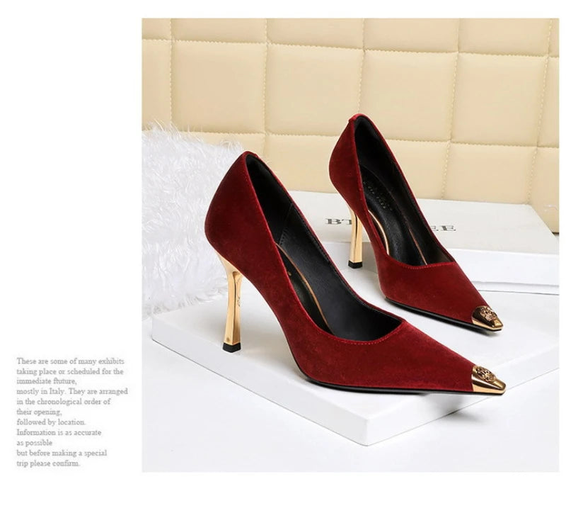Women Peach Pink Velvet Metal Capped Pointed Toe Pumps Gold Trapezoid Thin High Heels Gentle Retro Luxury Date Banquet Ladies
