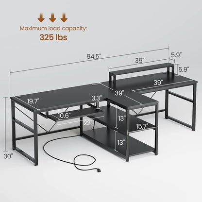94.5" 2 Person Gaming Desk with Storage Shelves, LED Light, Black | Double T Shaped Office Desk with Keyboard Tray,, Custom