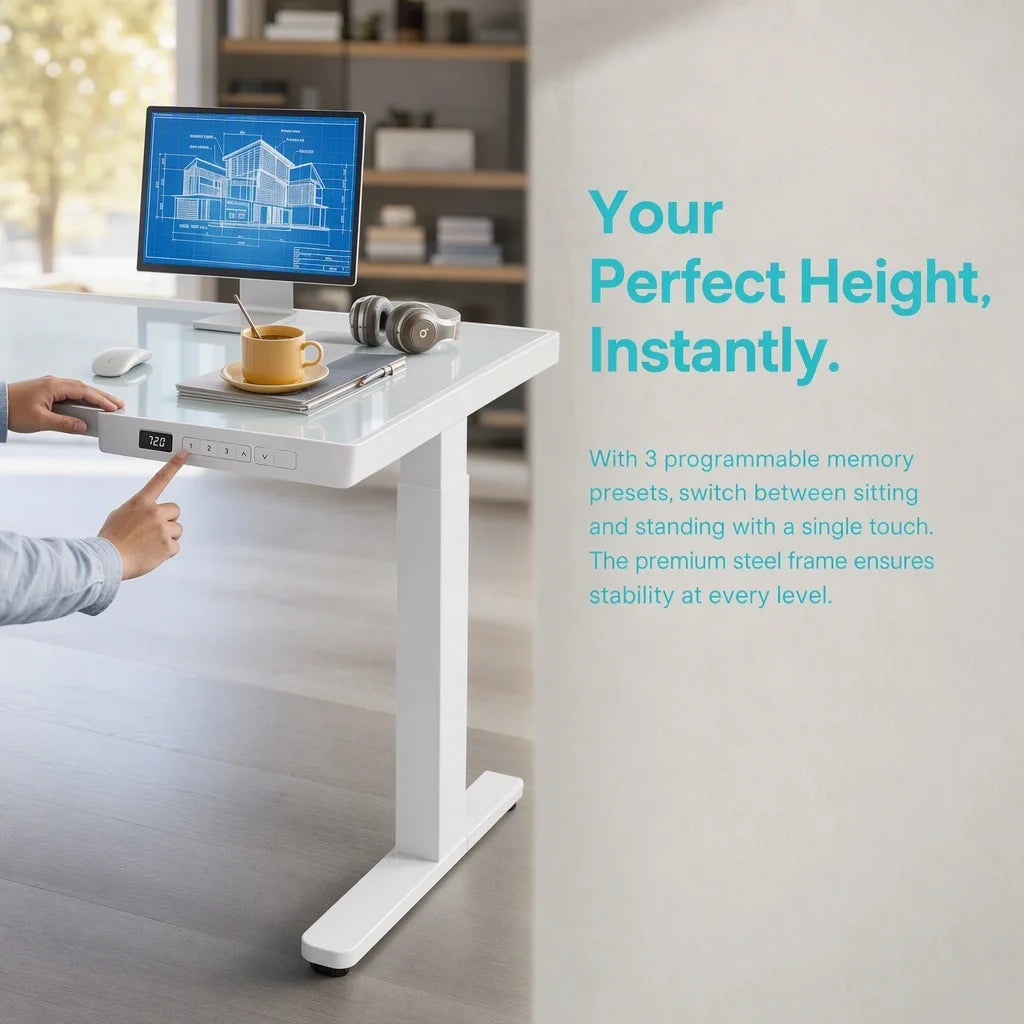 Glass Standing Desk with Drawer 58 X 28 Inches Stand up Desk Standing Desk Adjustable Height with One-Piece Tempered Glass Top, Ergonomic Home Office Desk with 4 Preset Heights