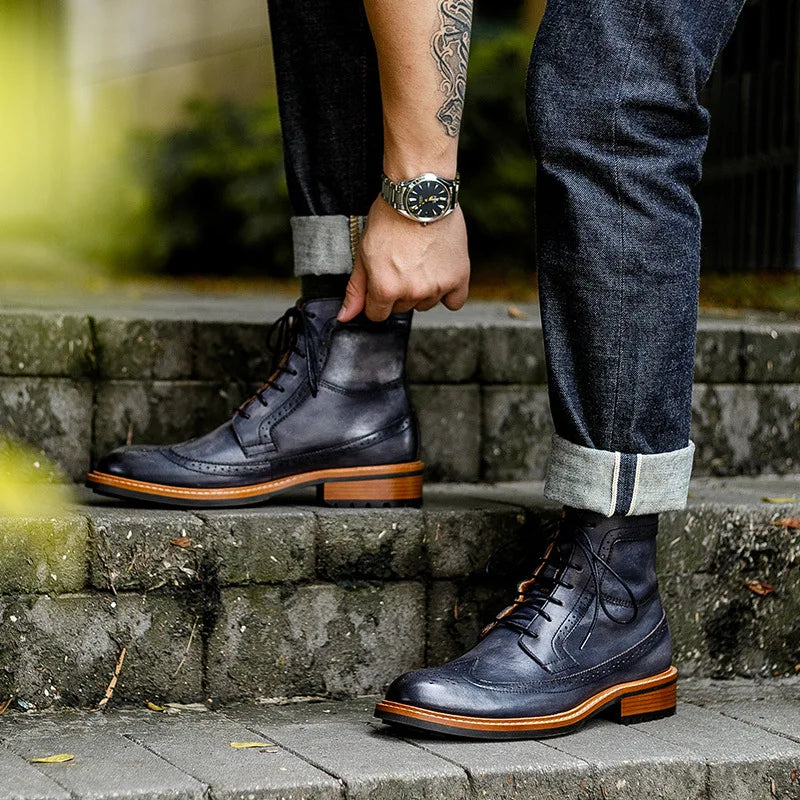 Autumn Fashion Genuine Leather Mens Ankle Boots Handmade Lace Up Stylish Oxford Shoes High Quality Motorcycle Boots for Men 2025