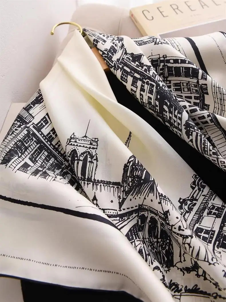 Black White View Print Twill Silk Scarf 90x90cm Women Fashion Square Neck Scarf Satin Kerchief Head Wrap Bandana Bag Decoration