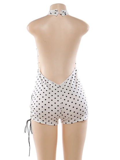 Kliou Sexy Hollow Design Playsuits Woman Polka Dot Print Halter Backless Sleeveless Skinny Peach Hip Midnight Club Party Rompers