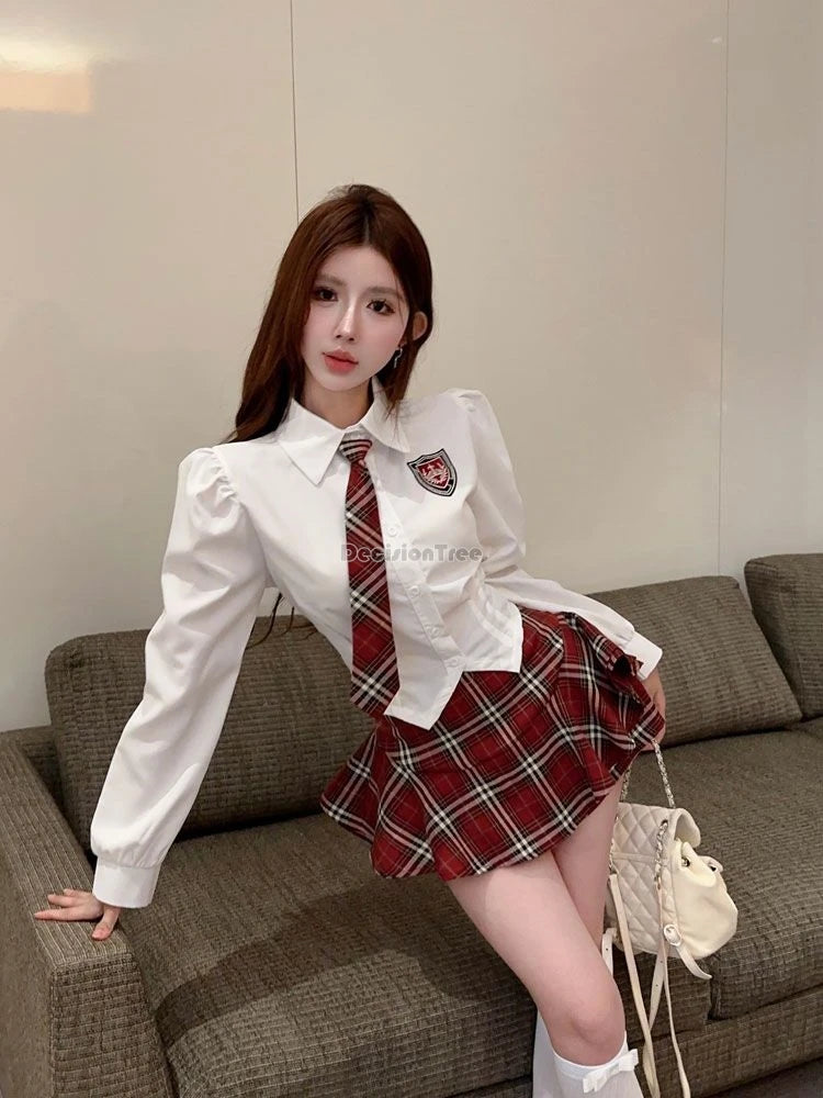 2025 improved cute sexy korea jk suit women autumn jk school uniform women shirt plaid pleated half skirt fashion two-piece set