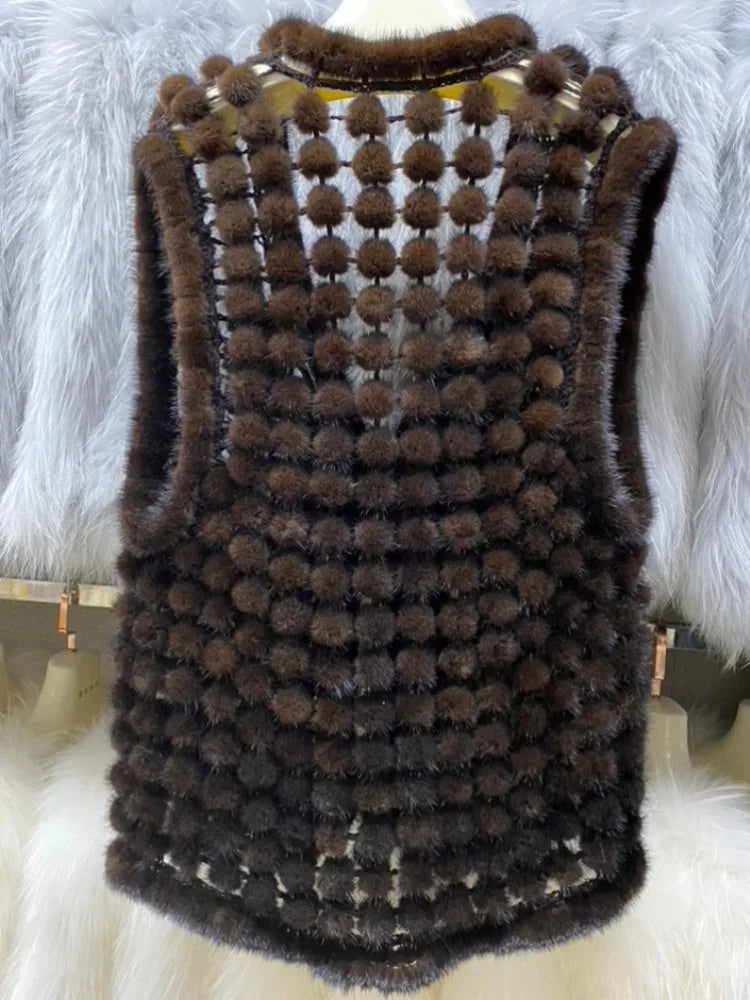 Ms.MinShu Autumn Waistcoat Natural Mink Fur Balls Gilet Sleeveless Hand Made Real Mink Fur Vest