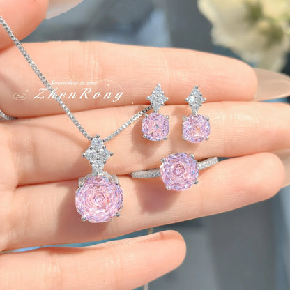 Foyejev Luxury Round Rose-cut Purple-Iron Oxide Zircon Pendant Necklace Earrings Ring Engagement Jewelry Set (Women's Style)