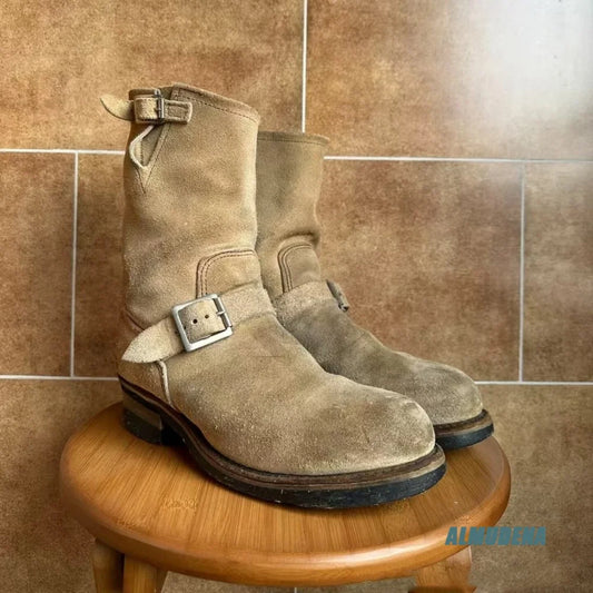 Vintage Dual Buckle Suede Ankle Boots for Men Low Block Heel Shoes Versatile Outdoor Street Comfort Daily Retro Short Boots