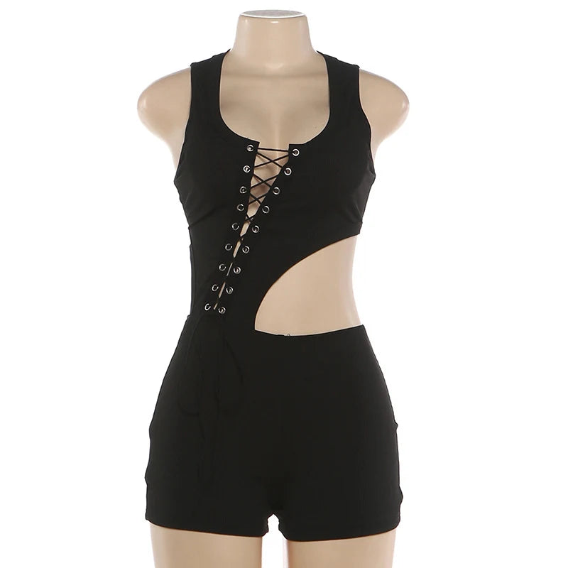 Sexy Lace-Up Cut Out Bandage Playsuit Woman Jumpsuit Shorts Sleeveless Ribbed Skinny Party Rompers Womens Overalls Club Outfits