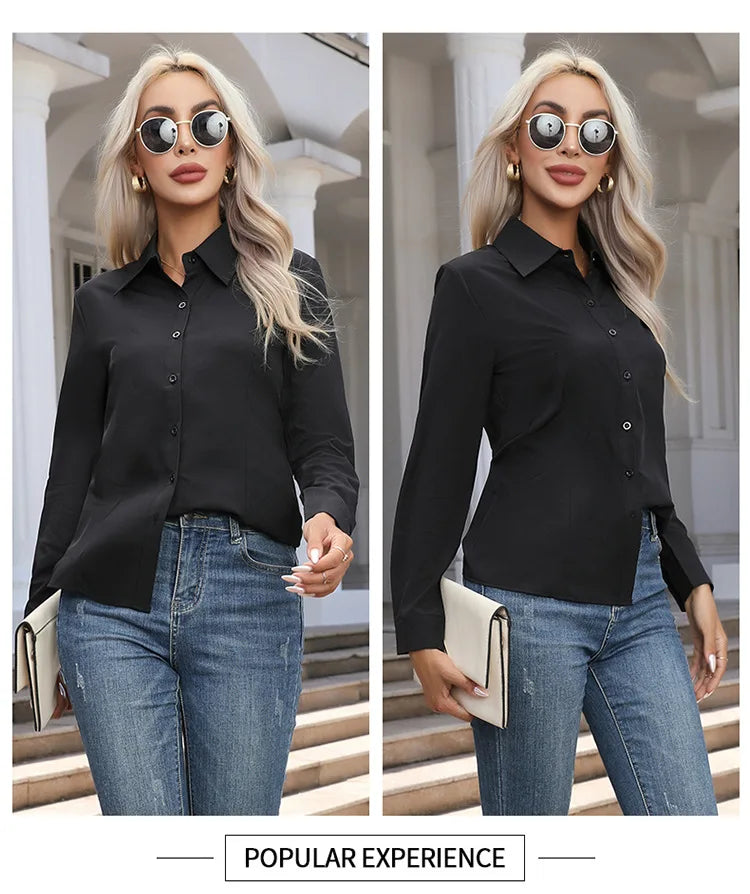 Women Elegant Solid Button Shirt Chiffon Blouse Spring Summer Casual Solid Long Sleeve Turn Down Collar Tunics OL Shirt Tops