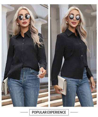 Women Elegant Solid Button Shirt Chiffon Blouse Spring Summer Casual Solid Long Sleeve Turn Down Collar Tunics OL Shirt Tops