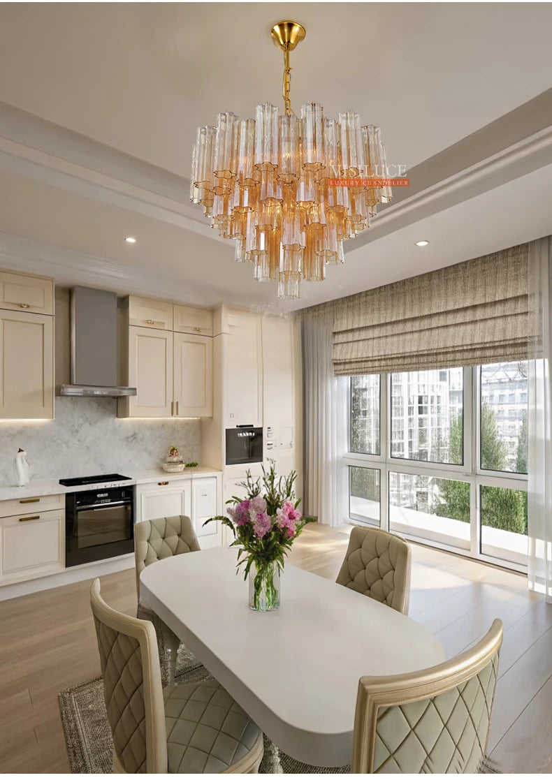 Round Murano Glass Ceiling Chandelier For Dining Living Room Bedroom Foyer Amber Glass Crystal Tube Hanging Chandelier Lights