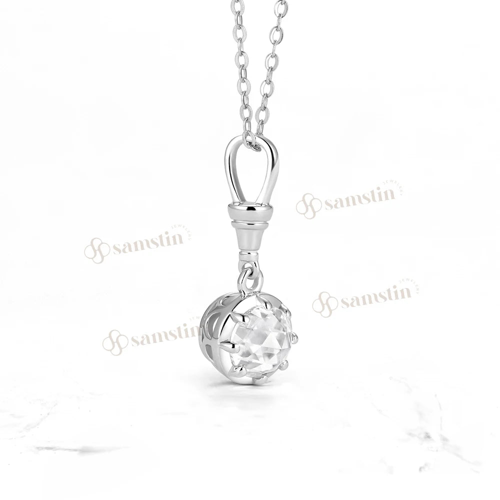 Samstin 1CT Rose Cut Moissanite Custom Necklace for Women Solid 14K 10K White Gold Engagement Necklace for Christmas Gifts Party