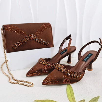 QueenaYan Slip-on High Heels and Matching Small Bag Nigeria Fashionable Party Pointed Shoes with Bag or A Pair of Work Shoes