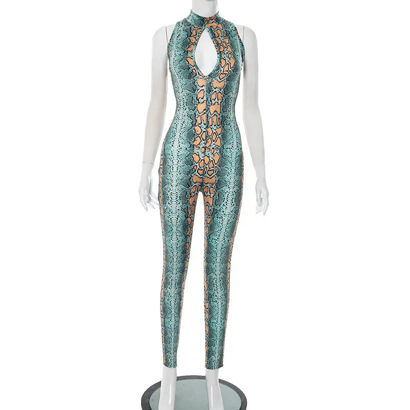 Snake Print Hollow Out Long Jumpsuit Women Summer Sleeveless Bodycon Sexy Romper for Woman