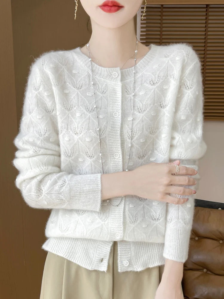 New Autumn Winter Soft Warm Cardigan Woman Cashmere Sweater O-neck Women 100% Merino Wool Sweater Loose Fit Hollow out Top Coat