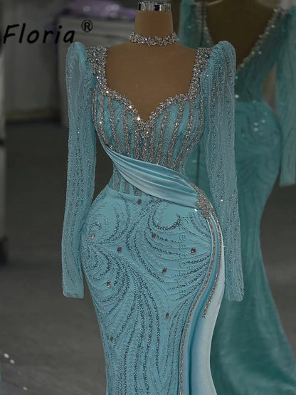 Sparky Mint Green Mermaid Prom Dress Crystal Sequins Evening Party Dresses Long Sleeve Side Train Soiree Wedding Reception Gown