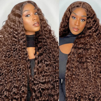 13x4 Chocolate Brown Water Curly Lace Front Wig #4 Colored Human Hair Wigs Pre Plucked Deep Wave 13x6 HD Lace Frontal Wigs 200%