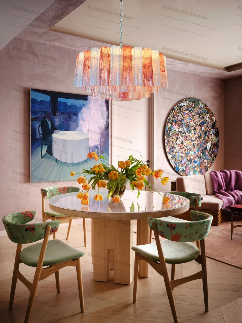The Pink Love Glass Art Round 50-100cm Dimmable LED Chandelier Hanging Lamps Lustre Suspension Luminaire Lampen For Living Room
