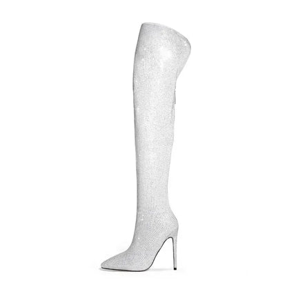 Silver Black Rhinestone 12cm High Heel Long Boots New Fashion Show Shiny Diamond Pointed Women's Over The Knee Boots Size 34-46