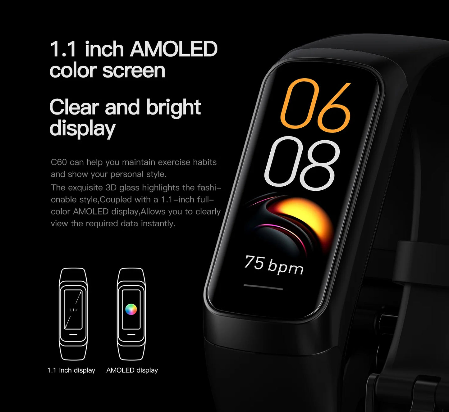 LIGE 1.1 Inch Amoled Heart Rate Monitor Smart Bracelet Wristband Slim Smart Watch Men Women Waterproof  Fitness Tracker Band