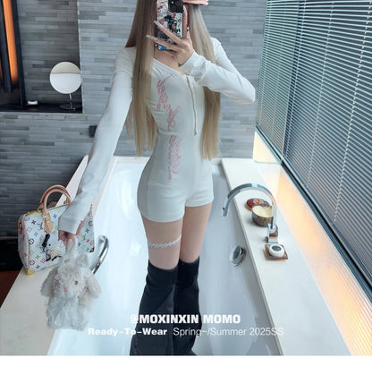 Pure Desire American Long Sleeved T-shirt Jumpsuit Slim Fit Letter Spicy Girl Sexy Sports Fitness Yoga Cycling Jumpsuit Shorts