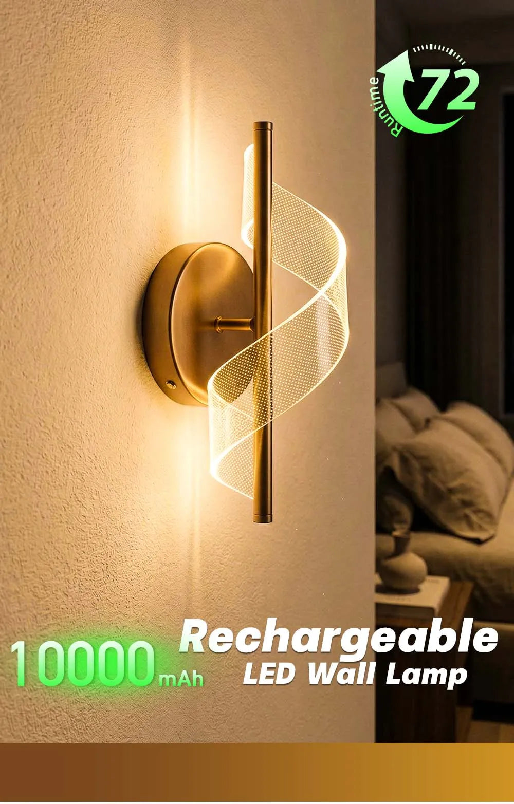 Rechargeable Interior Wall Lights Gold 10000mAH Wireless LED Wall Lamp Battery Operated Beside Bedroom Light Hallway Living Room