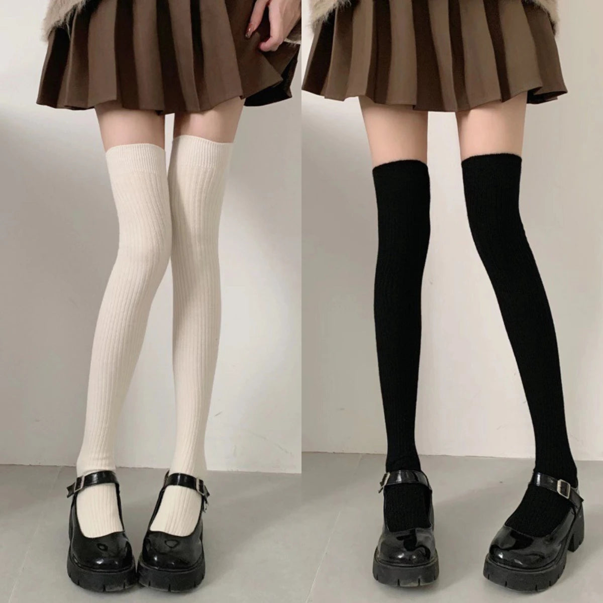 Autumn Winter Women's Stockings Girls Black White JK Lolita Long Tight Socks Vertical Stripes Cotton Over Knee Thigh High Socks