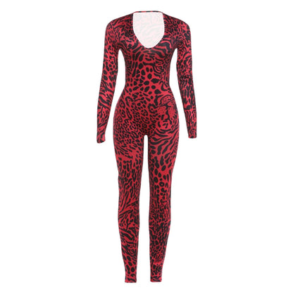 Kliou Leopard Print Jumpsuits Woman Low-Neck Full Sleeve Hollow Waistless Design Hot Girls High Street Fashion Style Overalls
