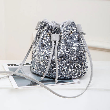 New Chic Multicolor Sequin Shing Shoulder Bag Fashion Versatile Handbag Drawstring Bucket Bag Large Capacity Wallet Purse Bags