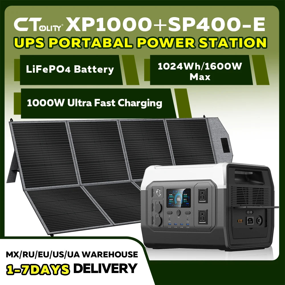 CTOLITY XP1000 1800W Portable Power Station 1024Wh 320000mAh LiFePO4 Battery with 400W Foldable Solar Panel Solar Generator for RV Off-Grid Outdoor Camping Emergency Power Supply