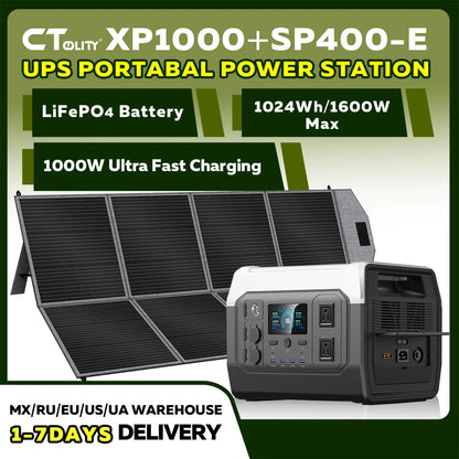 CTOLITY XP1000 1800W Portable Power Station 1024Wh 320000mAh LiFePO4 Battery with 400W Foldable Solar Panel Solar Generator for RV Off-Grid Outdoor Camping Emergency Power Supply