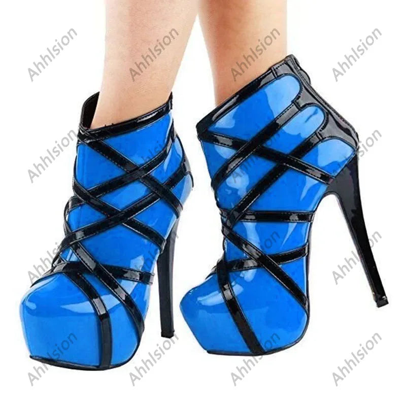 Ahhlsion Handmade Women Winter Ankle Boots Hidden Platform Stiletto Heels Round Toe Pretty Red Party Shoes US Plus Size 5-20
