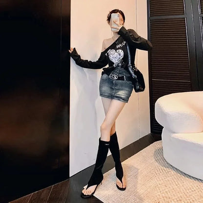 2025 Black Open Toe Clip-On Knee Boots Women's Modern Booties Thin Low Heel Side Zip Spring Summer Party Heels Sandals