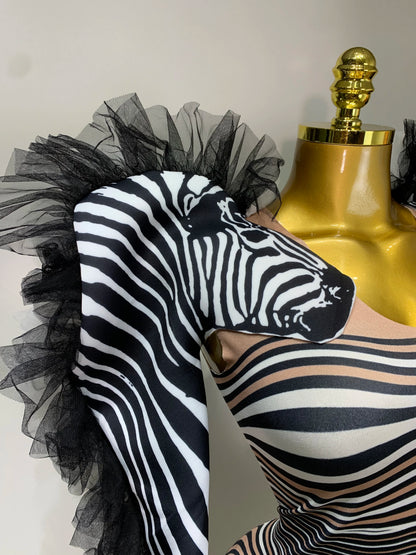 Women Long Sleeve Zebra Stripes Bodycon Jumpsuit Two Piece Set Birthday Party Nightclub Stage Performance Halloween Rompers