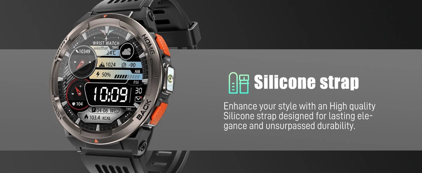 EIGIIS KE5 3ATM Waterproof Smart Watch for Men with LED Flashlight 1.45'' HD Rugged Smartwatch with 530mAh Big Battery