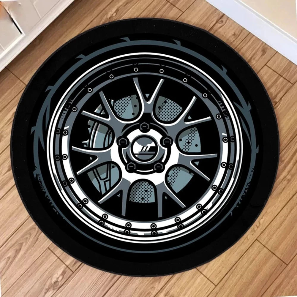 1pc Classic Black Tire Pattern Round Rug, Non-slip Floor Mat for Living Room, Bedroom, Bathroom, Holiday Home Decoration
