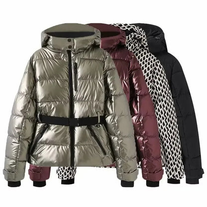 Women's Winter Hooded High Waist Padded Sport Parkas Coats with Belt Female Elegant Thick Warm Pockets Windproof Skiing Jackets