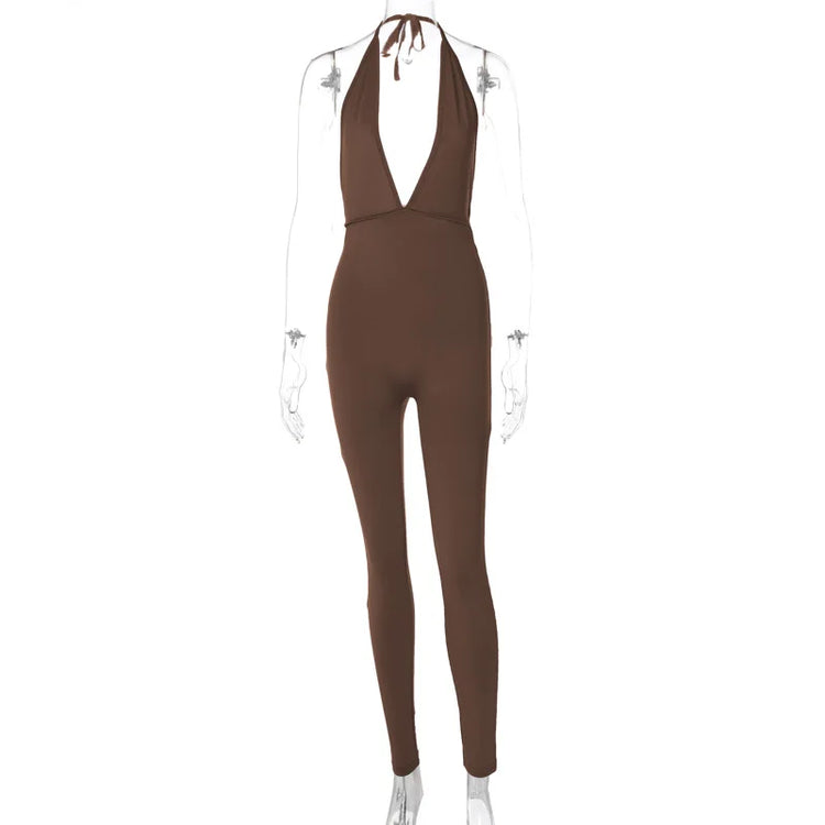 DGLUKE Halter Neck Backless Sexy Bodysuit Jumpsuits For Women Deep V-Neck Push Up Sports Jumpsuit Overalls Tight Summer Playsuit