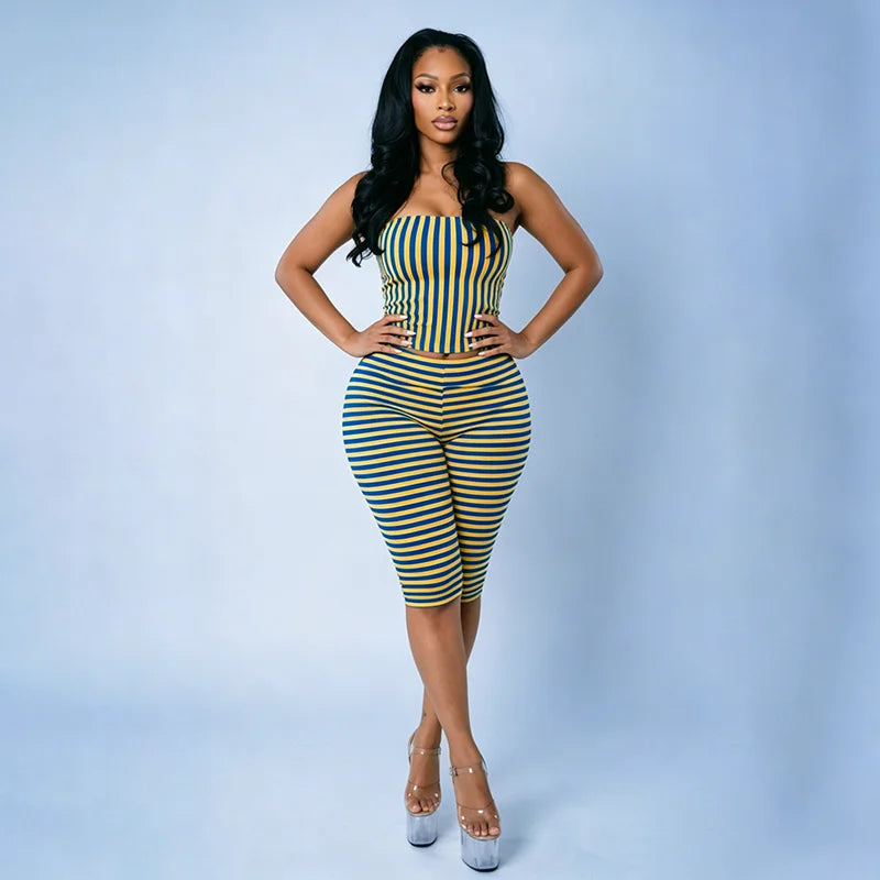 Spicy girl color blocking striped strapless slimming slim fit striped cropped pants set
