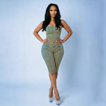 Spicy girl color blocking striped strapless slimming slim fit striped cropped pants set