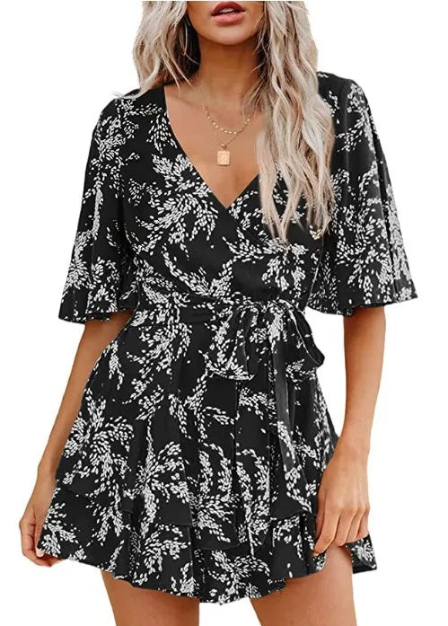 Hot-selling Women's Jumpsuits V-neck Flared Sleeves High Waist Plant Printed Pleated Lace-up Fashion High Street Playsuits