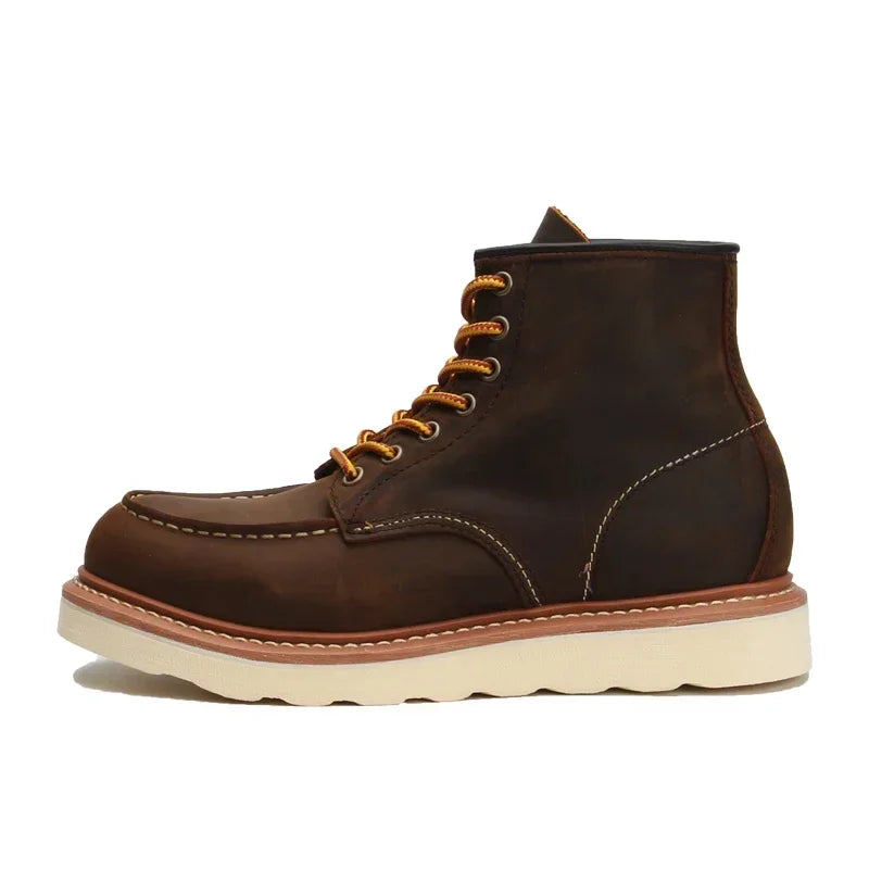 Men's Goodyear-Welted Vintage Genuine Leather Mid-calf Motorcycle Boots Round toe Casual Punk Dress Boots Work Shoes Western Red