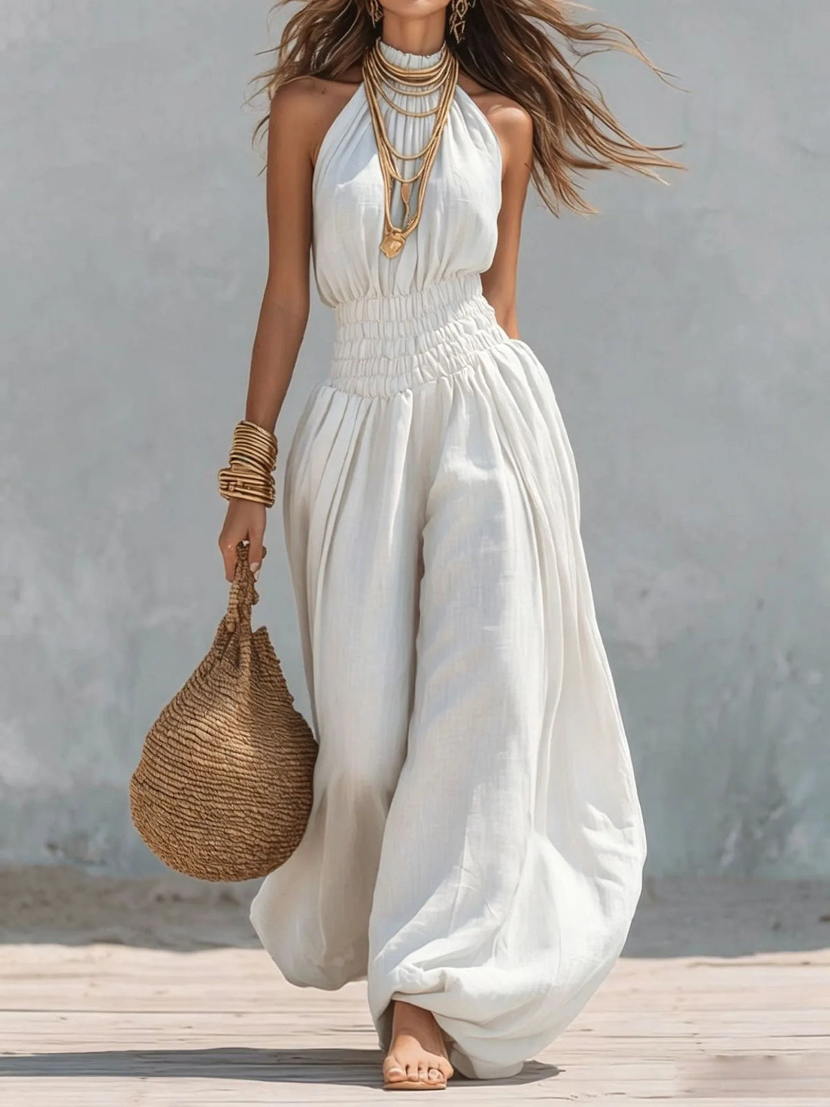 Summer Sexy Halter Sleeveless Pleated Jumpsuit Women Fashion Solid Elastic Waisted Wide Leg Jumpsuit Casual Loose Rompers Street