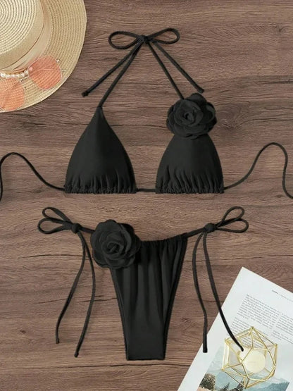 2026 S-L Sexy 3D Flowers Halter Strappy Bikini Women Swimwear Female Swimsuit Two-pieces Bikini Set Bather Bathing Suit Swim
