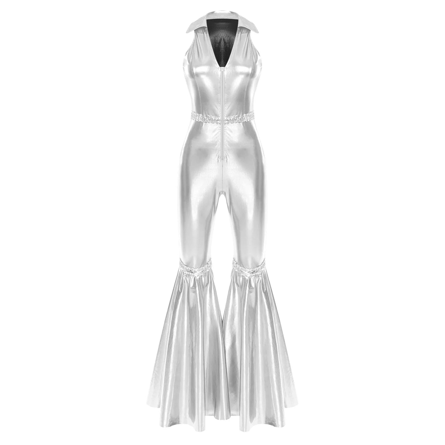 Adult Womens 70s Disco Rompers Lapel V Neck Sleeveless Front Zipper Sequins Bell Bottom Long Pants Jumpsuit Retro Jazz Dancewear