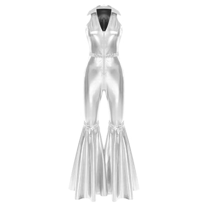 Adult Womens 70s Disco Rompers Lapel V Neck Sleeveless Front Zipper Sequins Bell Bottom Long Pants Jumpsuit Retro Jazz Dancewear