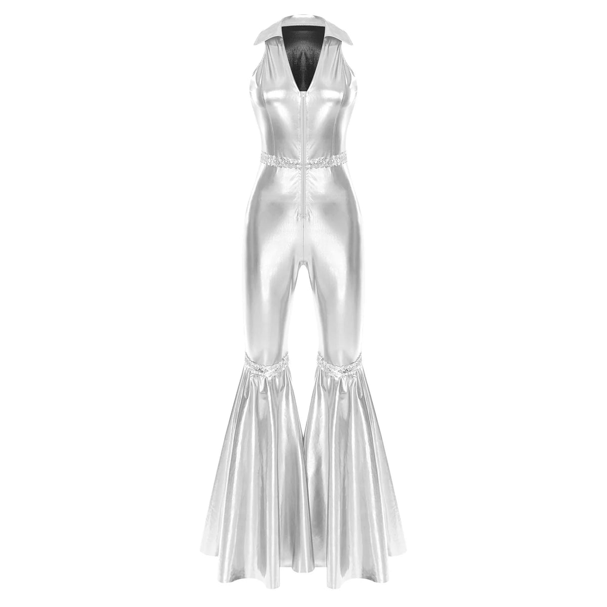 Women Vintage One Piece 70s Disco Dance Rompers Sleeveless Metallic Bell Bottom Flared Pants Jumpsuit for Retro Party Jazz Dance