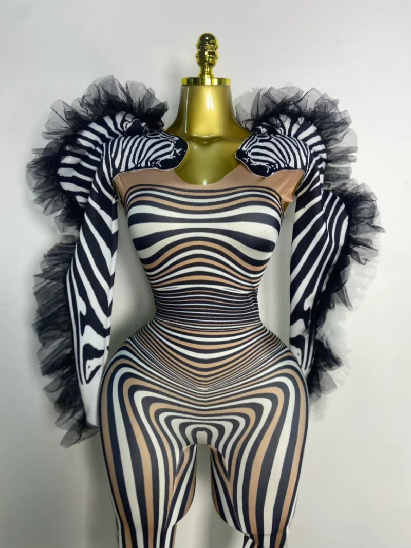Women Long Sleeve Zebra Stripes Bodycon Jumpsuit Two Piece Set Birthday Party Nightclub Stage Performance Halloween Rompers